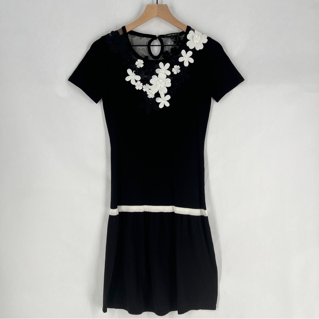 Leo Guy Elegant Black & White Floral Appliqu Short Sleeve Drop Waist Midi Dress